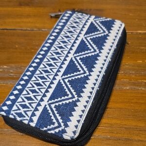 Blue & White boho-style zip-around wallet